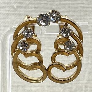 Vintage Gold Tone Spiral Clip-On Earrings w/ Clear Rhinestones Elegant Retro